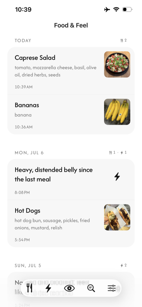 Food & Feel app home screen — a food and symptom diary timeline with logged meals and symptoms
