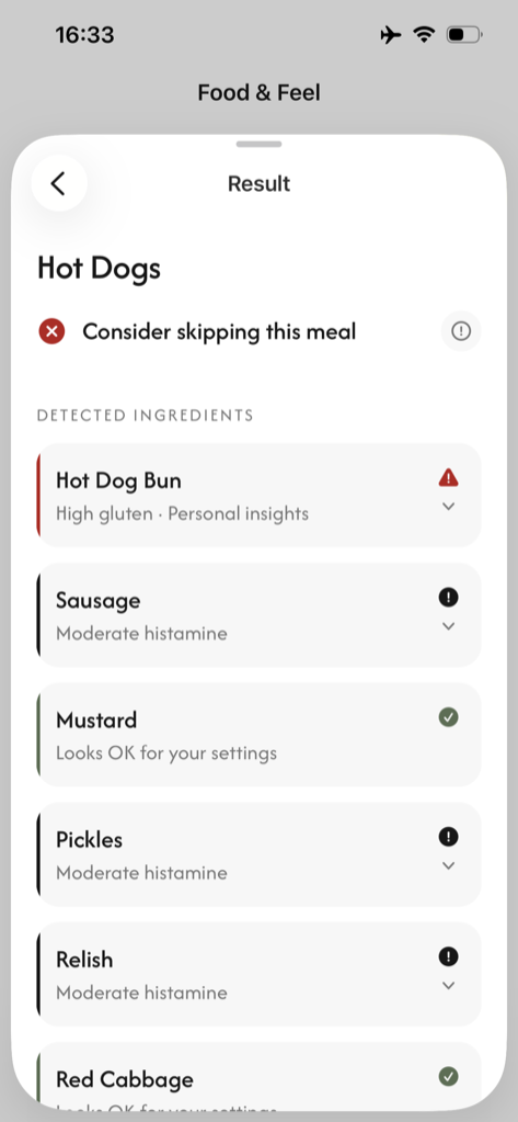 Ingredient checker: every ingredient in a meal flagged for gluten, histamine, and personal trigger patterns
