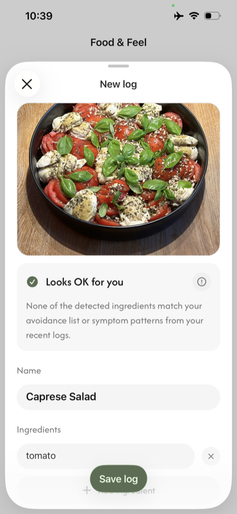Meal and symptom tracker: logging a meal with a photo and getting an instant ingredient check in Food & Feel