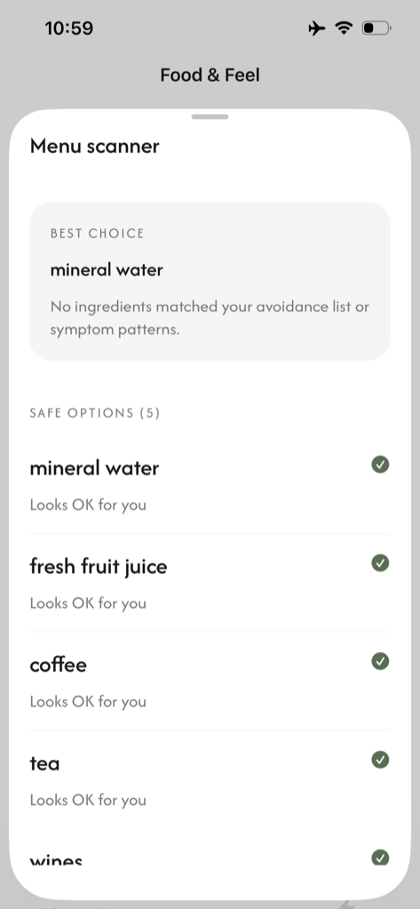 Restaurant menu scanner: menu options checked against your avoidance list and logged symptom patterns