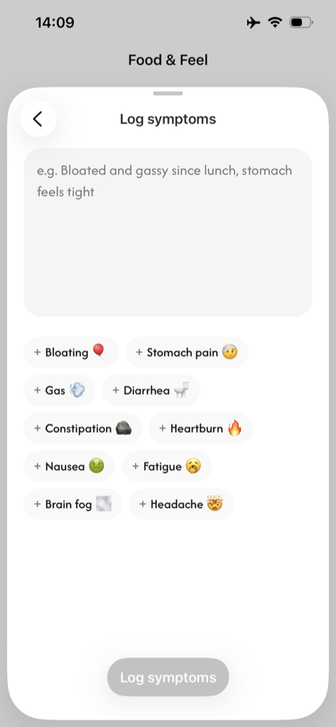 Symptom tracker: logging bloating, stomach pain, gas, and other symptoms with one tap in Food & Feel